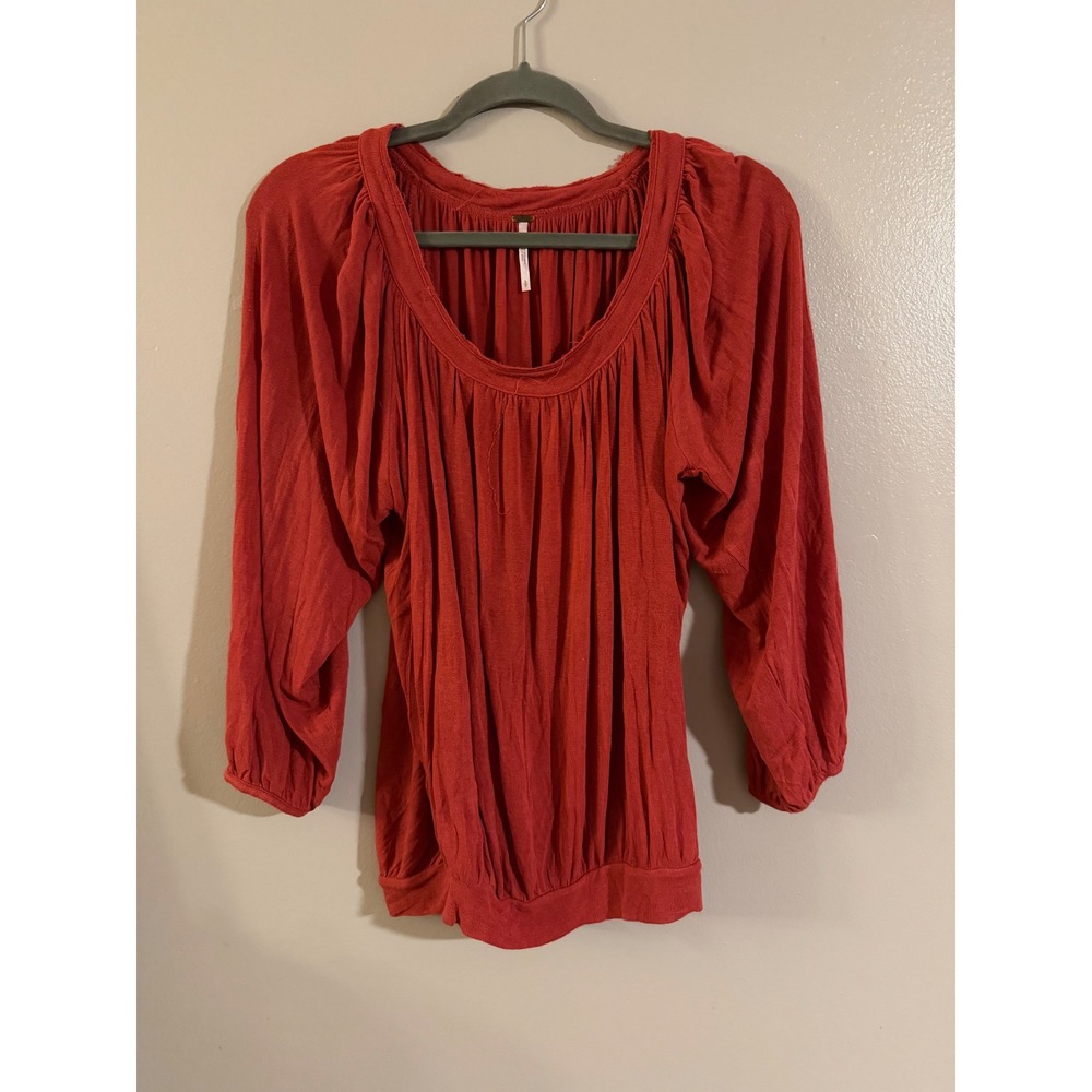 Free People Red Knit Scoop Neck Balloon Sleeve Banded Hem Blouse Small